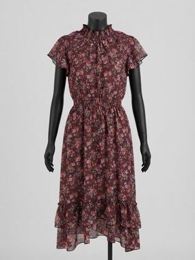 Floral Ruffle Midi Dress in Burgundy